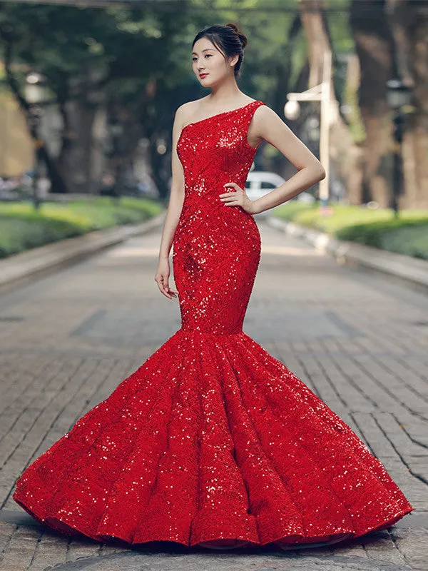 One Shoulder Long Mermaid Red Sequin Prom Dresses, 2021 Prom Dresses, Cheap Prom Dresses