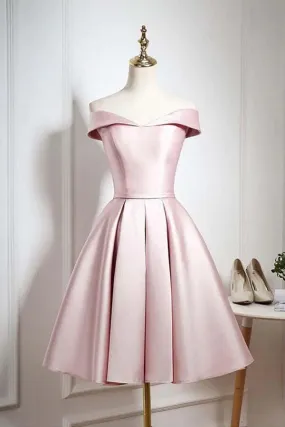 Pearl Pink Off-the-Shoulder Knee Length Homecoming Dresses With Ruffle, SH560