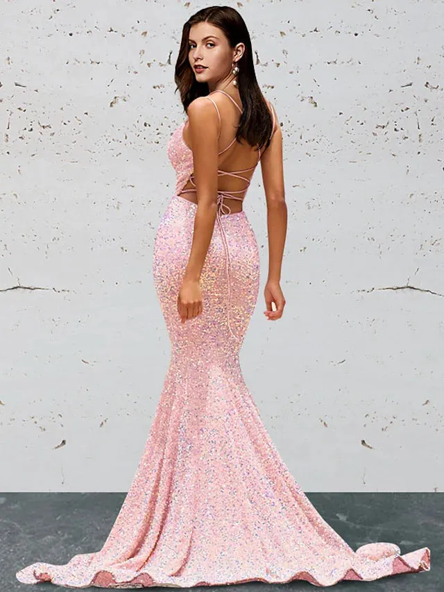 Prom Dresses Open Back Dress Prom  Sleeveless Sweetheart Sequined Backless with Sequin