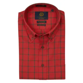 Red and Sage Green Plaid Cotton and Wool Blend Button-Down Shirt (TAILORED FIT) by Viyella