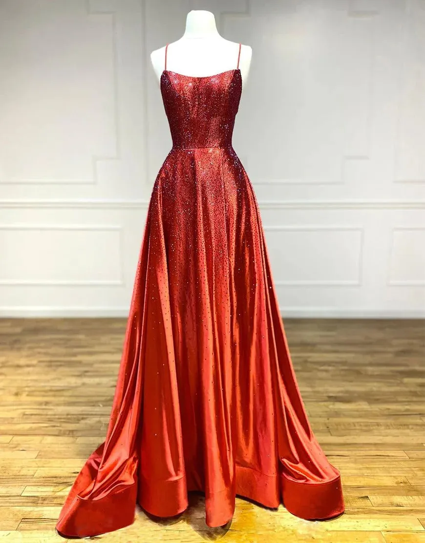 Red Satin Beaded Long Prom Dresses