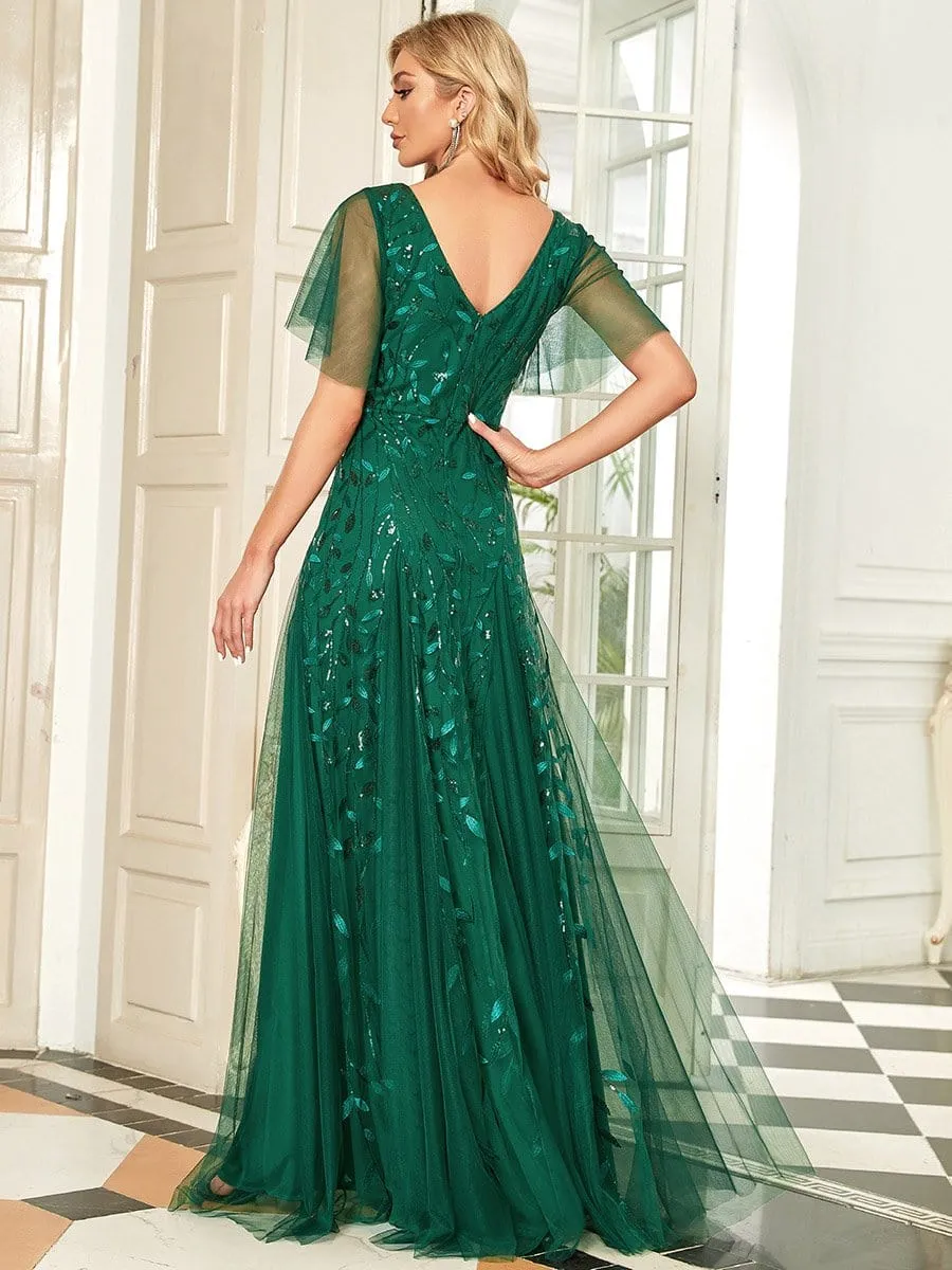 Shimmery V Neck Ruffle Sleeves Sequin Maxi Long Evening Dress