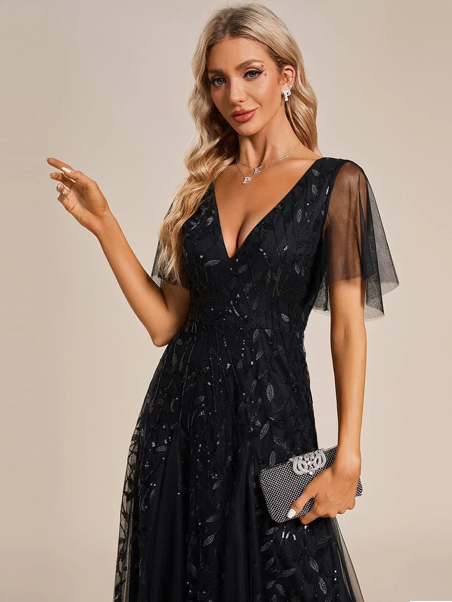 Shimmery V Neck Ruffle Sleeves Sequin Maxi Long Evening Dress