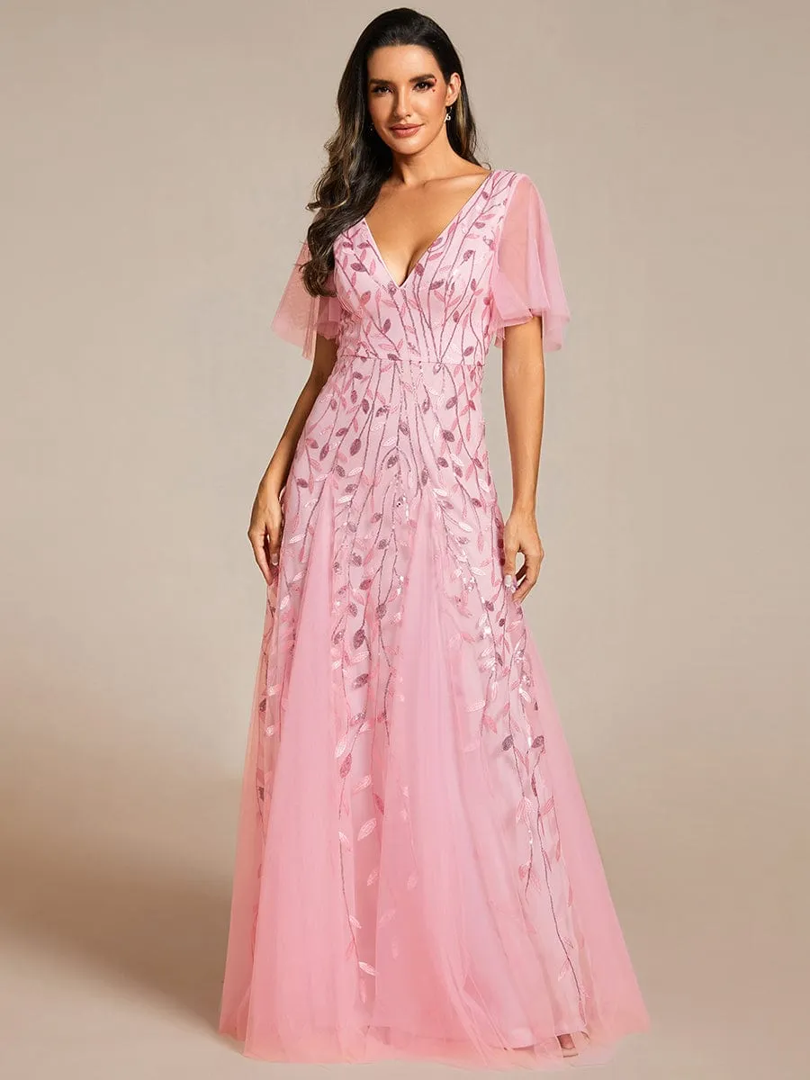 Shimmery V Neck Ruffle Sleeves Sequin Maxi Long Evening Dress