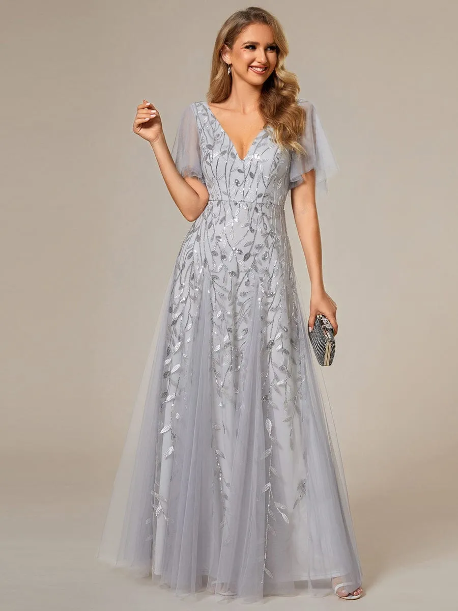 Shimmery V Neck Ruffle Sleeves Sequin Maxi Long Evening Dress