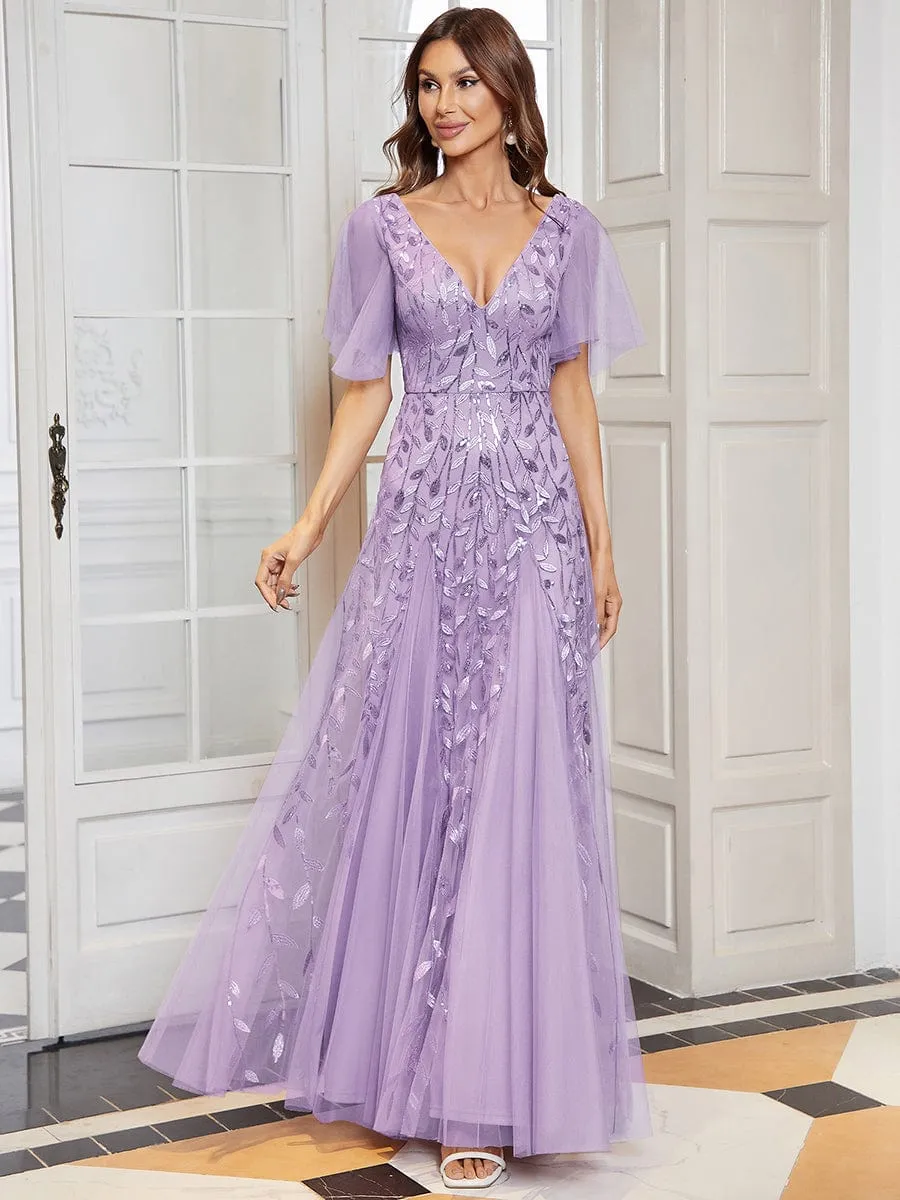 Shimmery V Neck Ruffle Sleeves Sequin Maxi Long Evening Dress