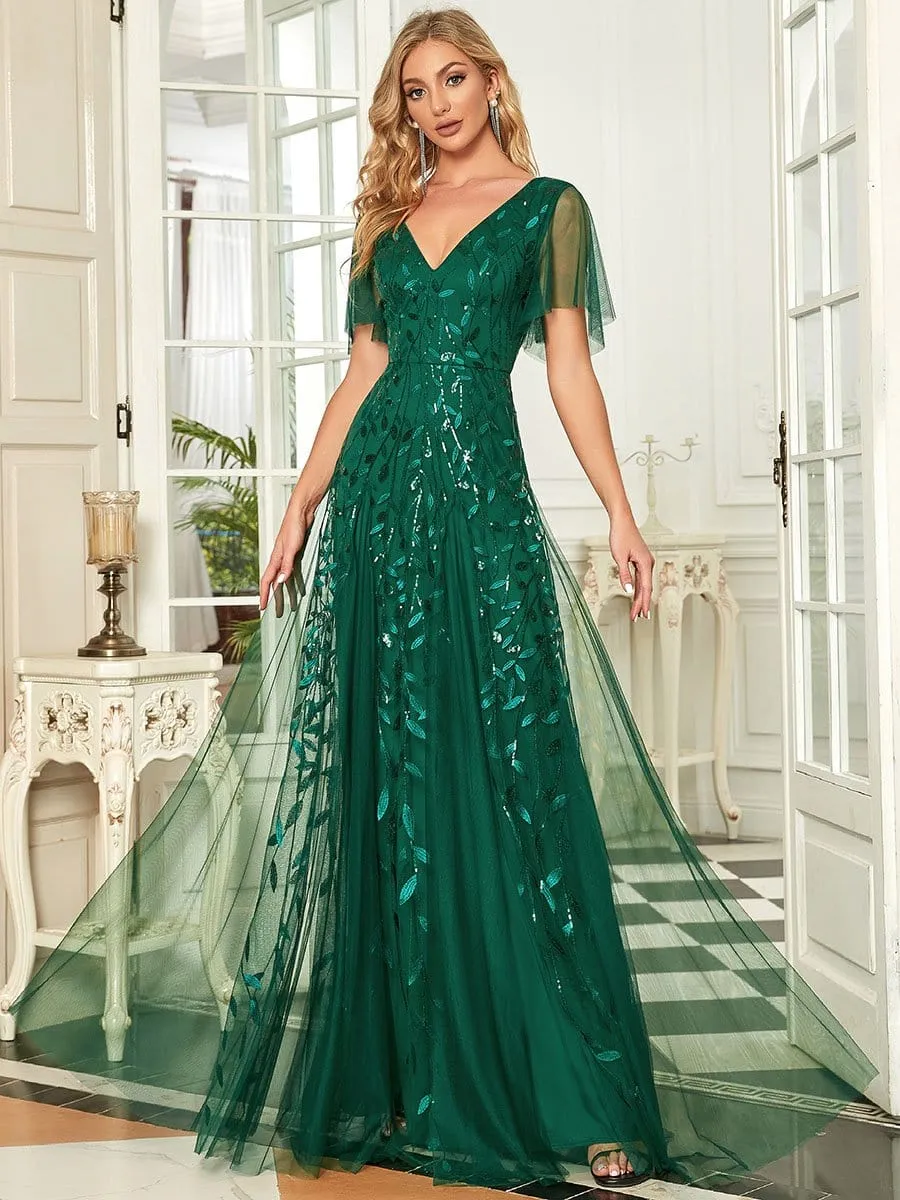 Shimmery V Neck Ruffle Sleeves Sequin Maxi Long Evening Dress