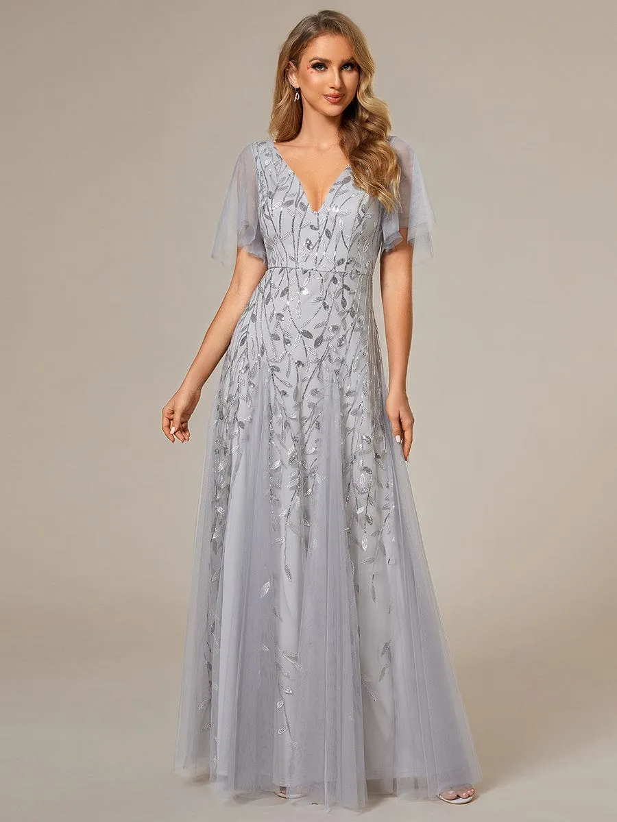 Shimmery V Neck Ruffle Sleeves Sequin Maxi Long Evening Dress