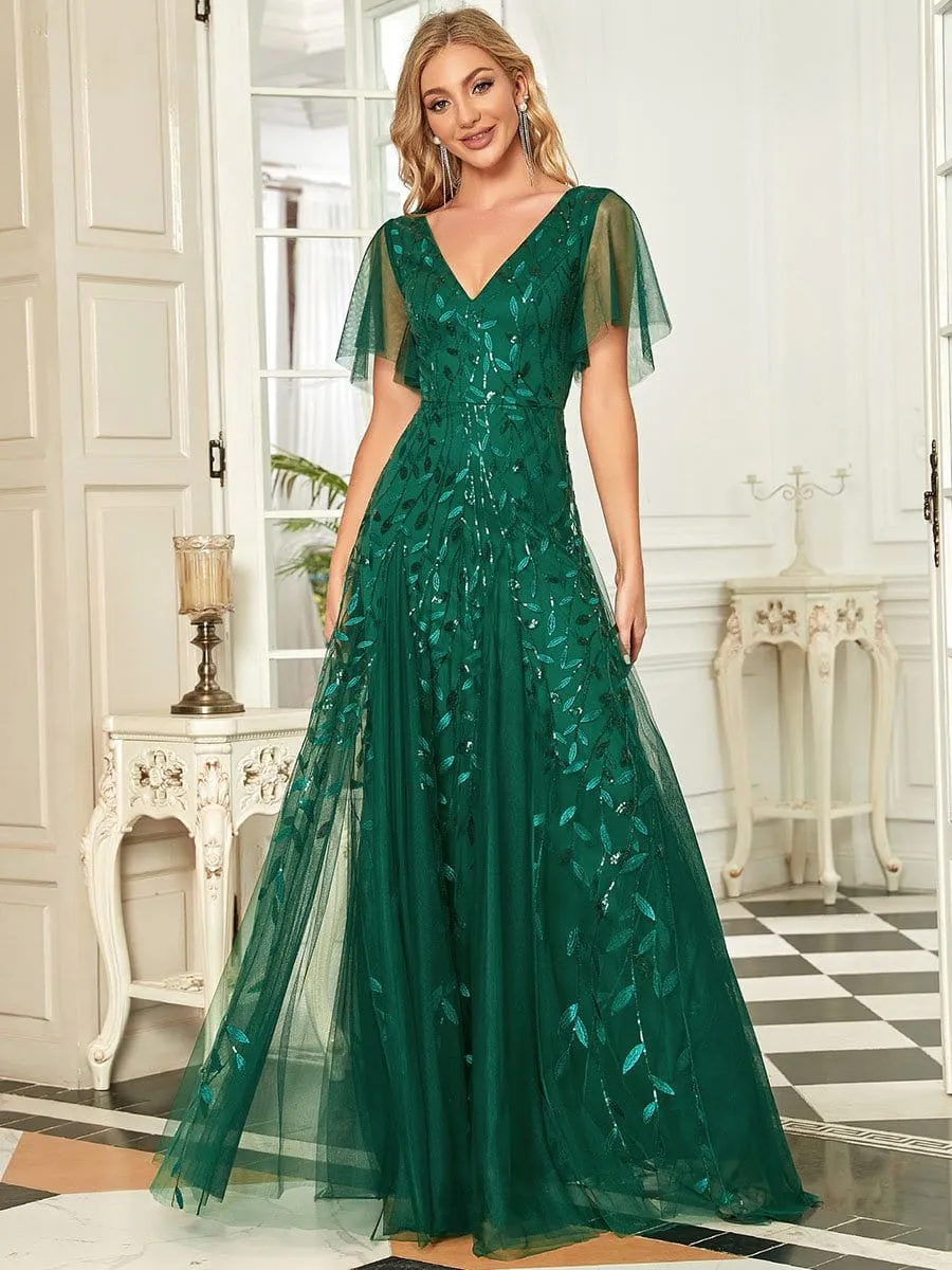 Shimmery V Neck Ruffle Sleeves Sequin Maxi Long Evening Dress