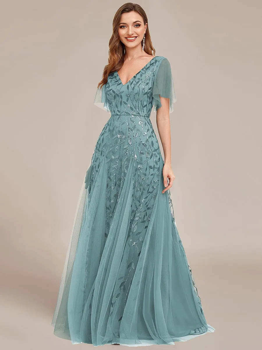 Shimmery V Neck Ruffle Sleeves Sequin Maxi Long Evening Dress