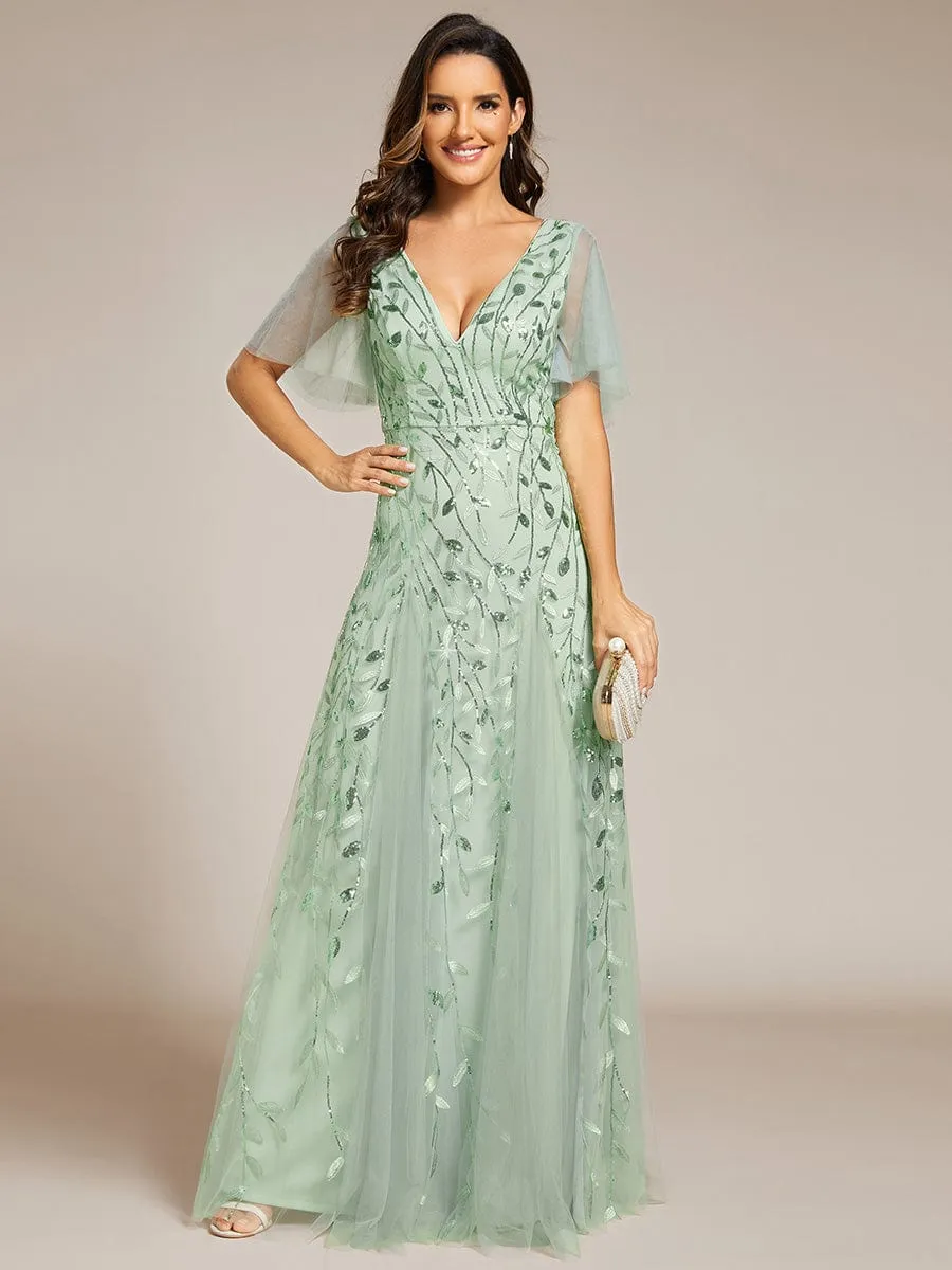 Shimmery V Neck Ruffle Sleeves Sequin Maxi Long Evening Dress