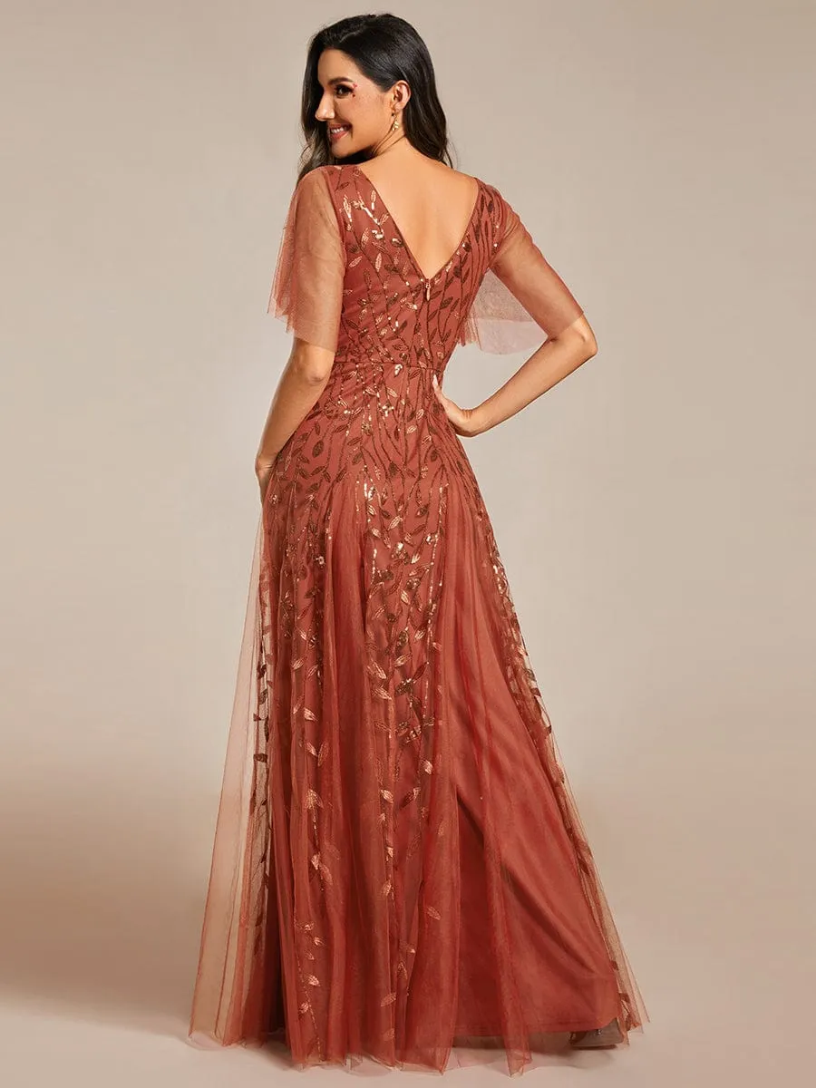 Shimmery V Neck Ruffle Sleeves Sequin Maxi Long Evening Dress