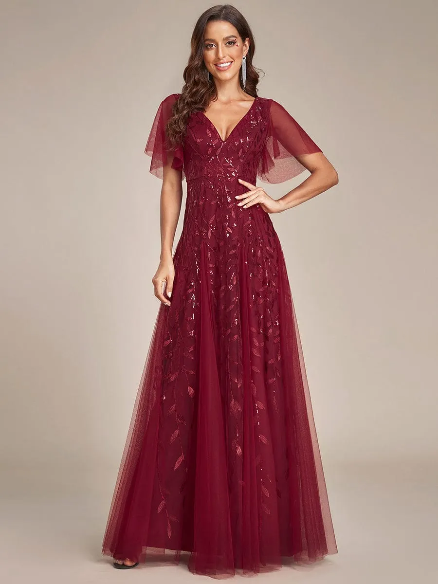 Shimmery V Neck Ruffle Sleeves Sequin Maxi Long Evening Dress