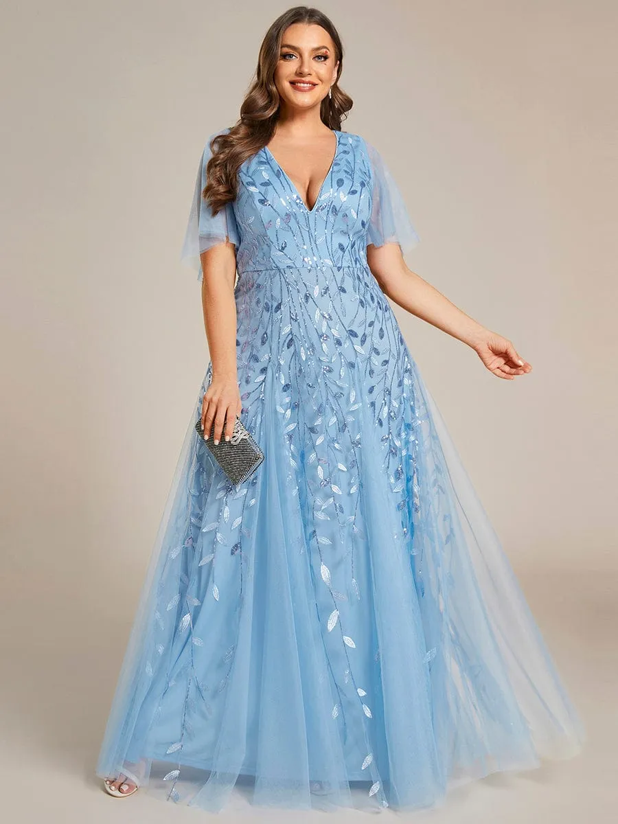 Shimmery V Neck Ruffle Sleeves Sequin Maxi Long Evening Dress