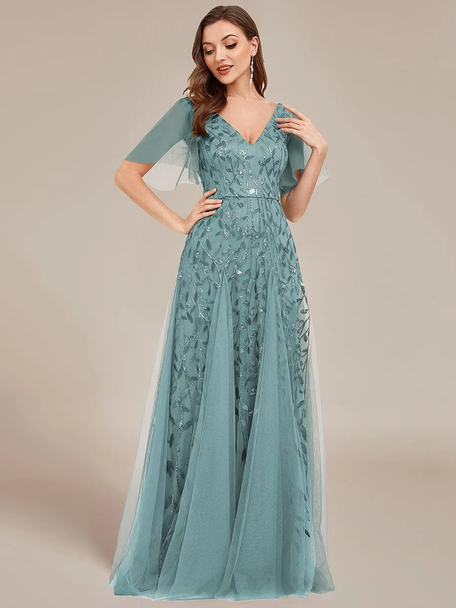 Shimmery V Neck Ruffle Sleeves Sequin Maxi Long Evening Dress