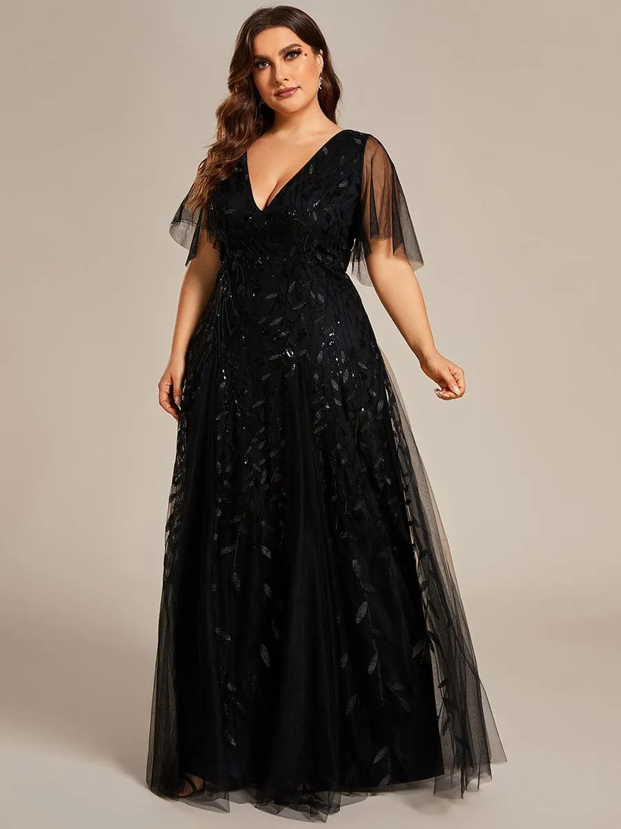 Shimmery V Neck Ruffle Sleeves Sequin Maxi Long Evening Dress