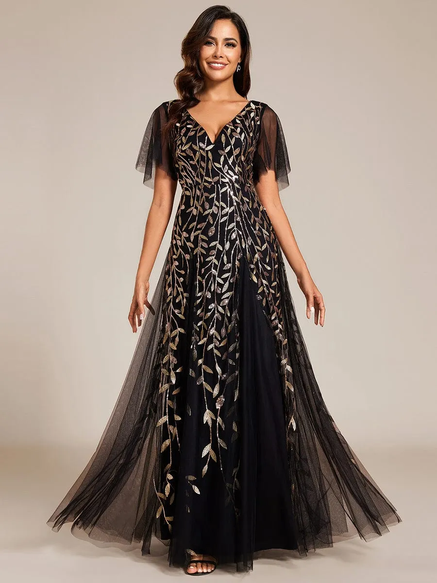 Shimmery V Neck Ruffle Sleeves Sequin Maxi Long Evening Dress