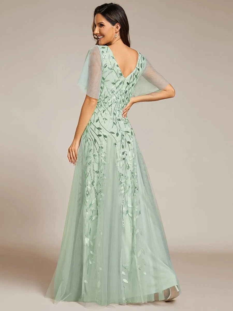 Shimmery V Neck Ruffle Sleeves Sequin Maxi Long Evening Dress