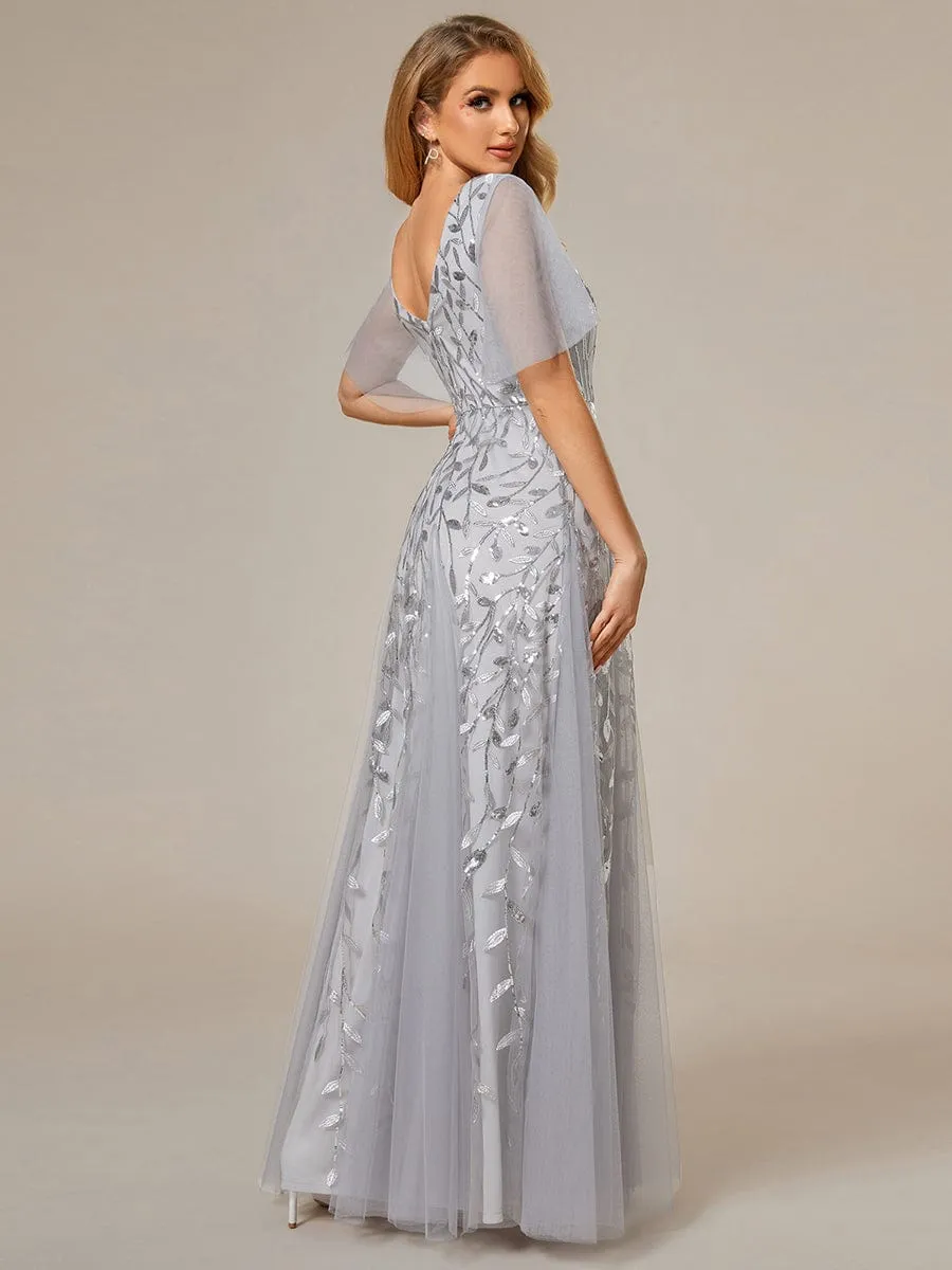 Shimmery V Neck Ruffle Sleeves Sequin Maxi Long Evening Dress