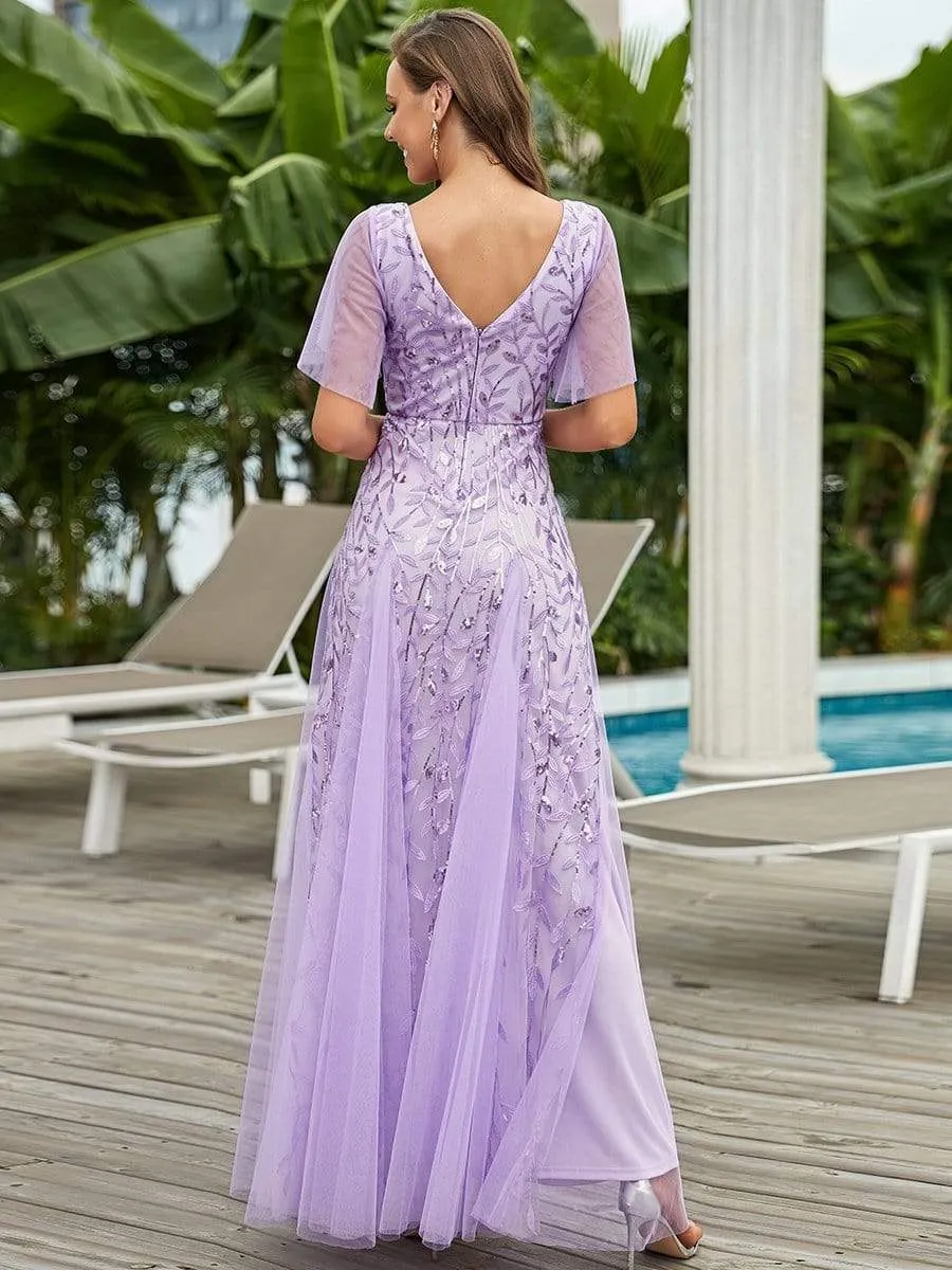 Shimmery V Neck Ruffle Sleeves Sequin Maxi Long Evening Dress