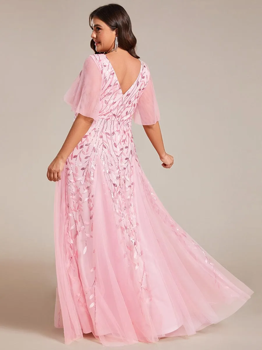 Shimmery V Neck Ruffle Sleeves Sequin Maxi Long Evening Dress