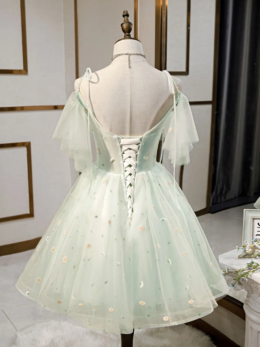 Simple Sweetheart Neck Tulle Short Prom Dresses, Puffy Green Homecoming Dresses