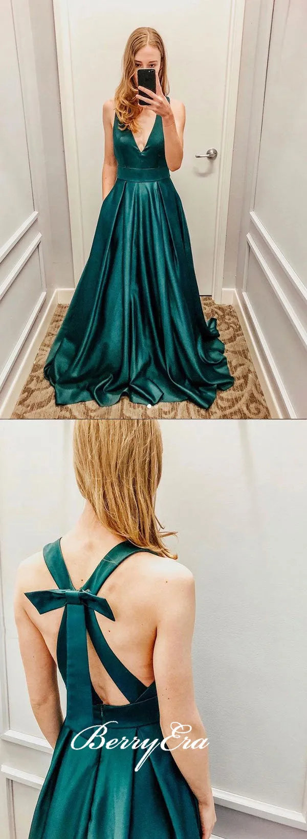 Simple V-neck Satin Prom Dresses, Long Prom Dresses, Affordable Prom Dresses