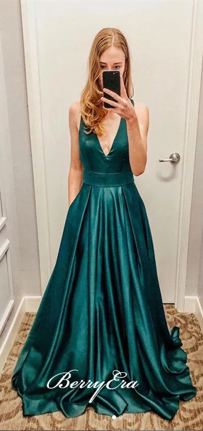 Simple V-neck Satin Prom Dresses, Long Prom Dresses, Affordable Prom Dresses