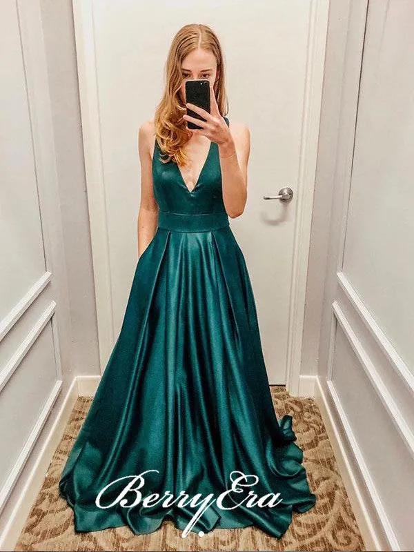 Simple V-neck Satin Prom Dresses, Long Prom Dresses, Affordable Prom Dresses