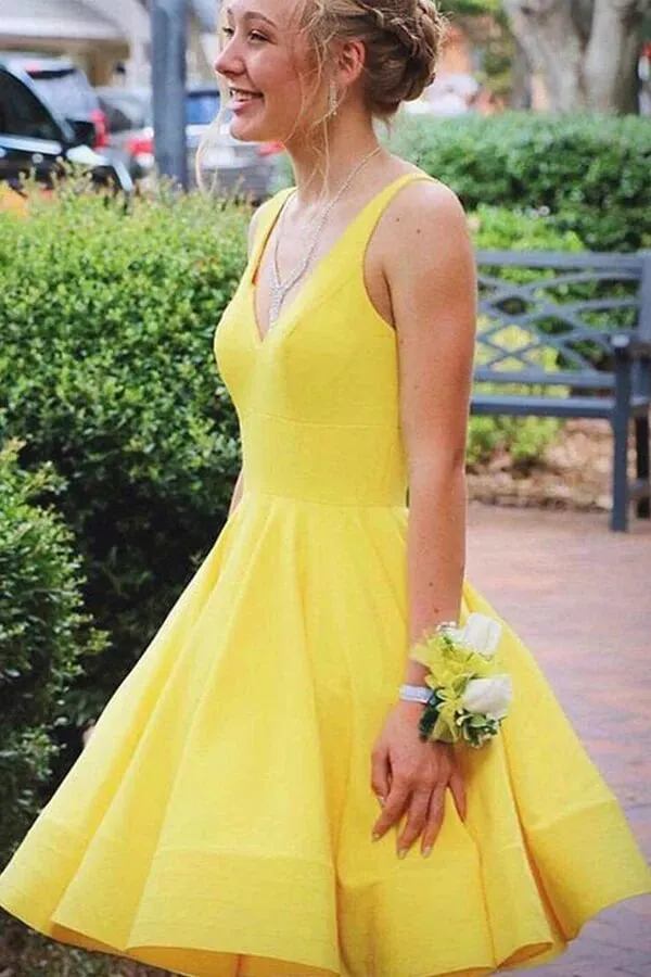 Simple Yellow Satin A-line V-neck Homecoming Dresses, Short Party Dresses SH619