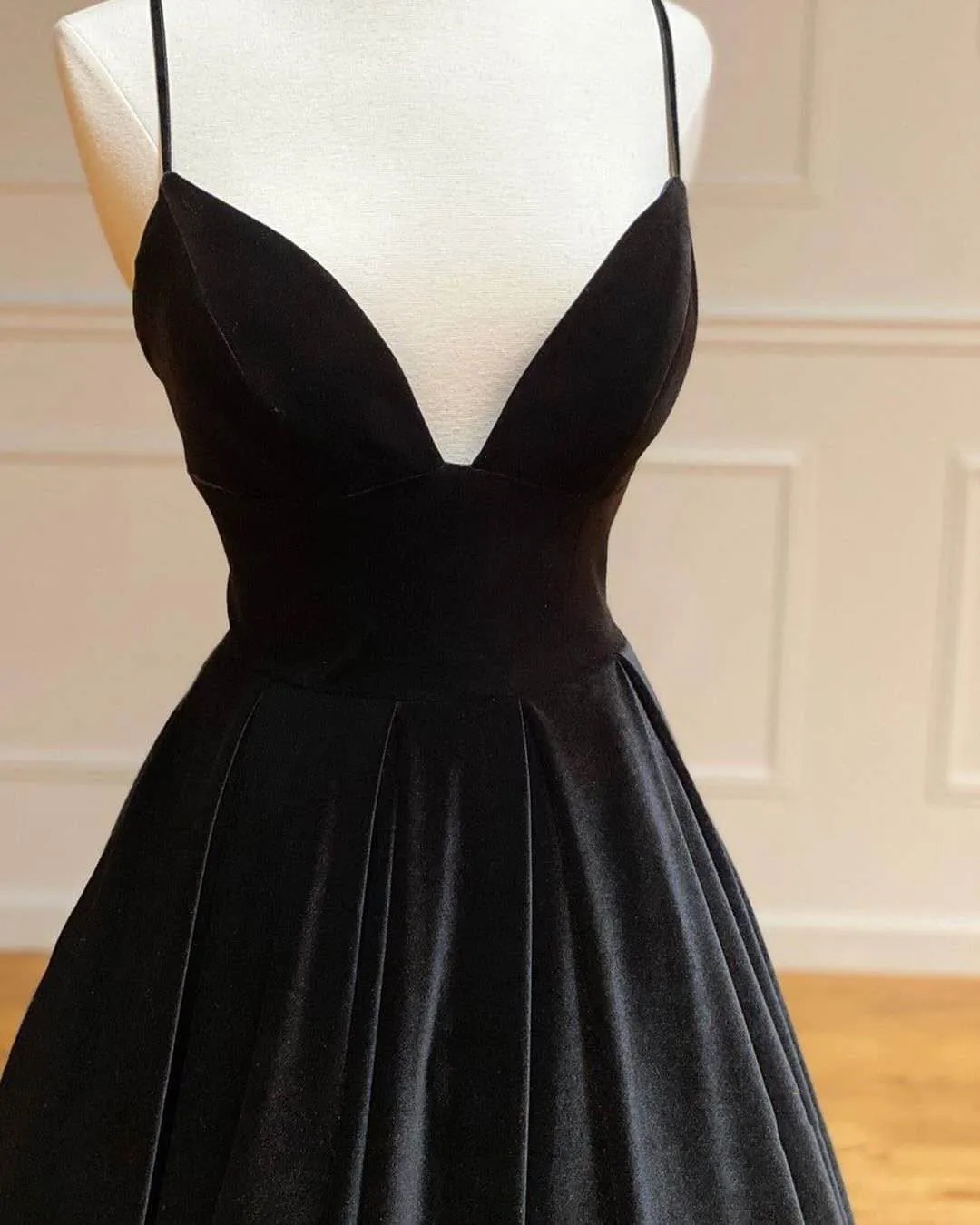 Spaghetti Long Velvet Prom Dresses, Black Prom Dresses, A-line Prom Dresses, Cheap Prom Dresses