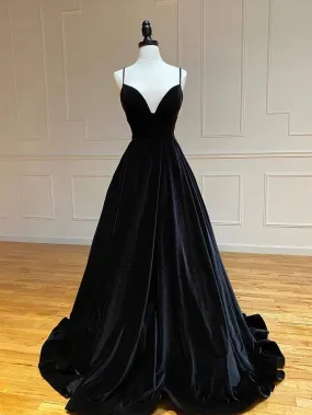 Spaghetti Long Velvet Prom Dresses, Black Prom Dresses, A-line Prom Dresses, Cheap Prom Dresses