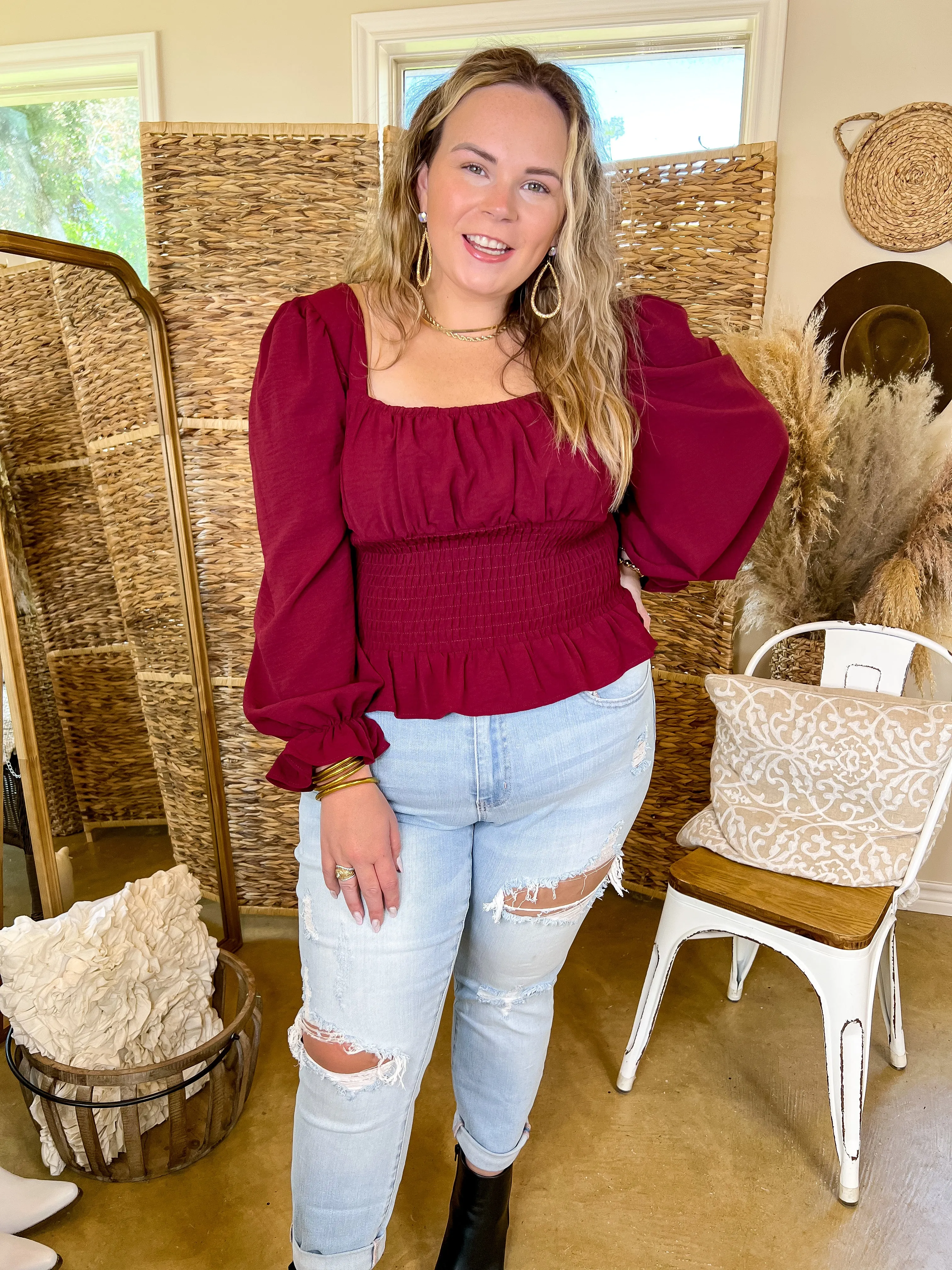 Starting Fresh Long Sleeve Peplum Top with Smocked Bodice in Maroon