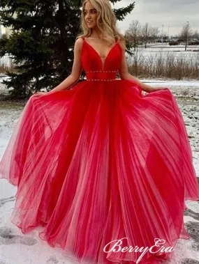 Straps V-neck Red Tulle Prom Dresses, Beaded Long Prom Dresses, Gradient Prom Dresses