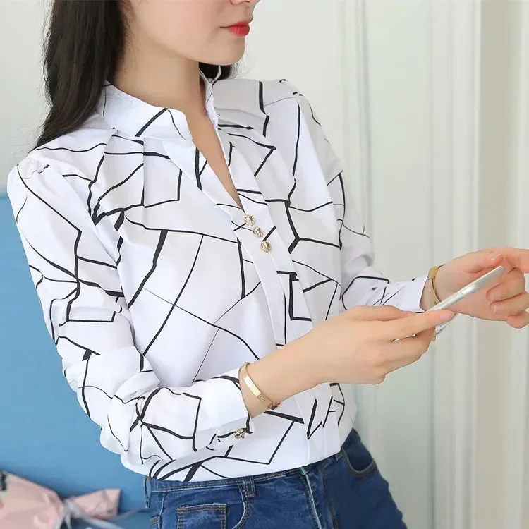 Stripe Print Casual Long Sleeve Office Lady Slim Blouse