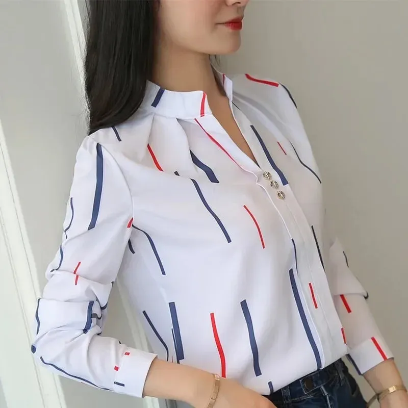 Stripe Print Casual Long Sleeve Office Lady Slim Blouse