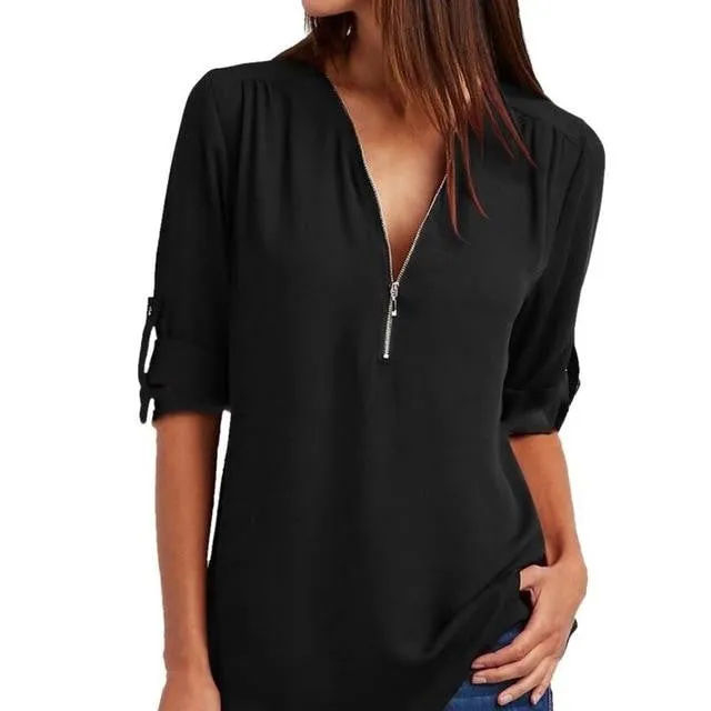 Summer Elegant V Neck Zipper Blouse