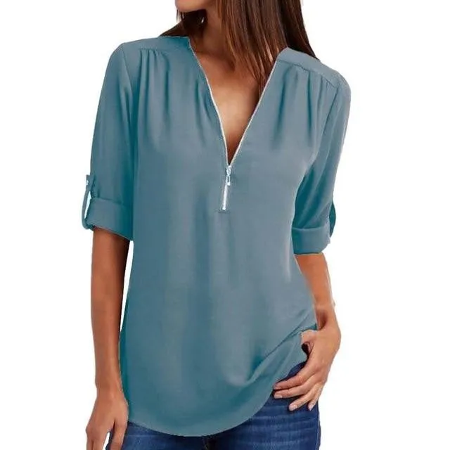 Summer Elegant V Neck Zipper Blouse