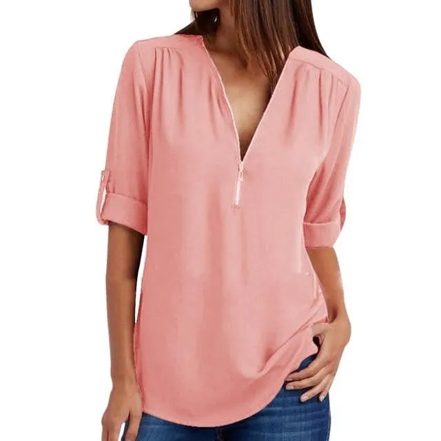 Summer Elegant V Neck Zipper Blouse