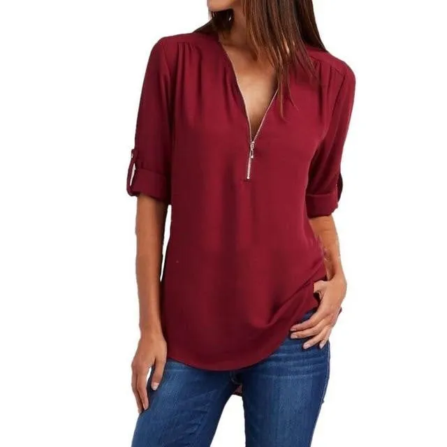 Summer Elegant V Neck Zipper Blouse