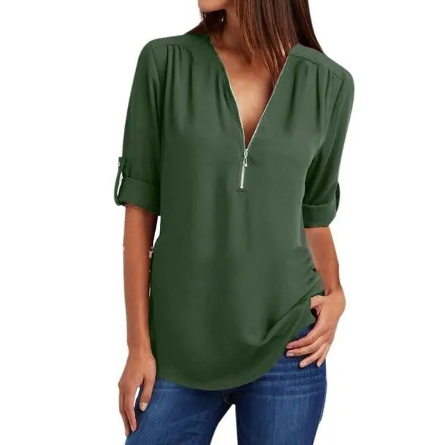 Summer Elegant V Neck Zipper Blouse