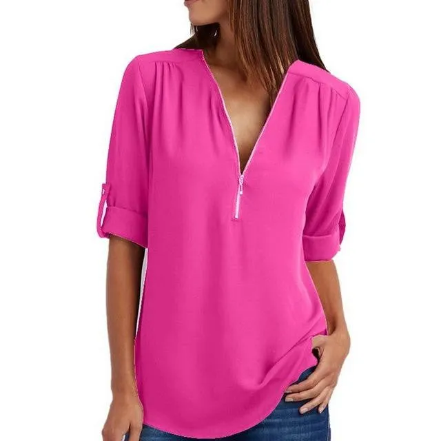 Summer Elegant V Neck Zipper Blouse