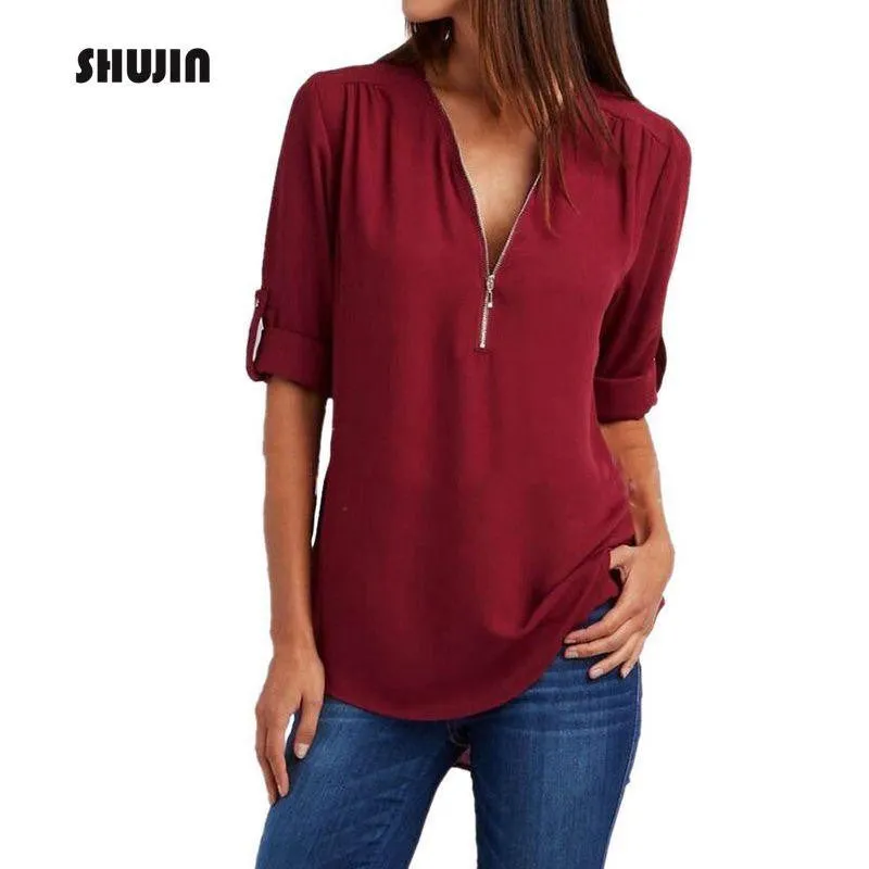 Summer Elegant V Neck Zipper Blouse