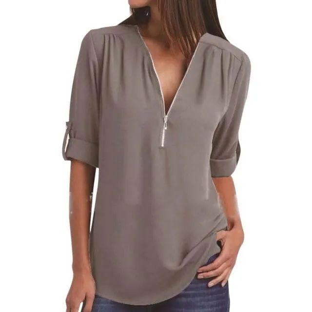 Summer Elegant V Neck Zipper Blouse