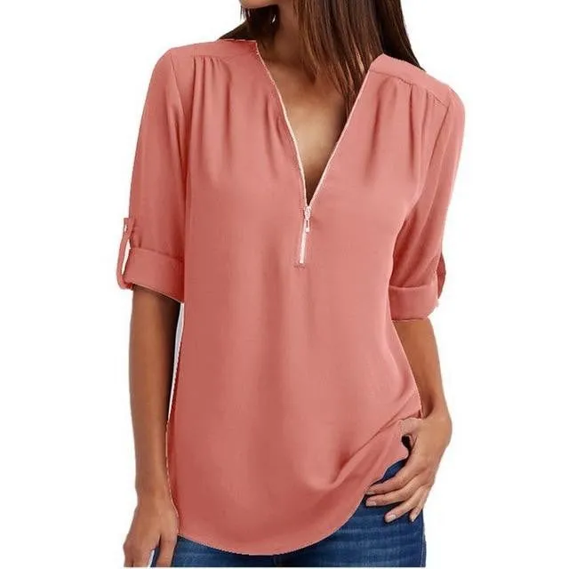 Summer Elegant V Neck Zipper Blouse