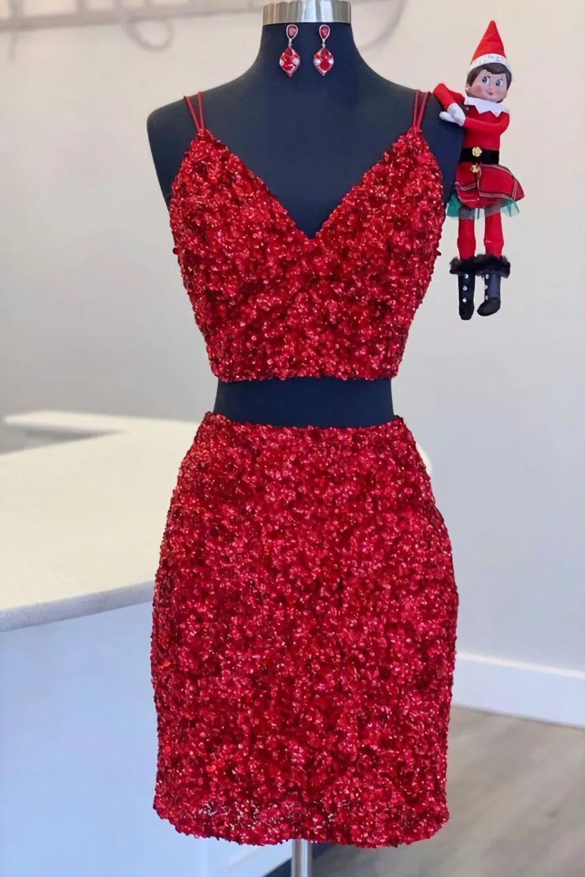 Two Piece Red Sequined Homecoming Dress, V-neck Tight Party Dress,Short Prom Dresses