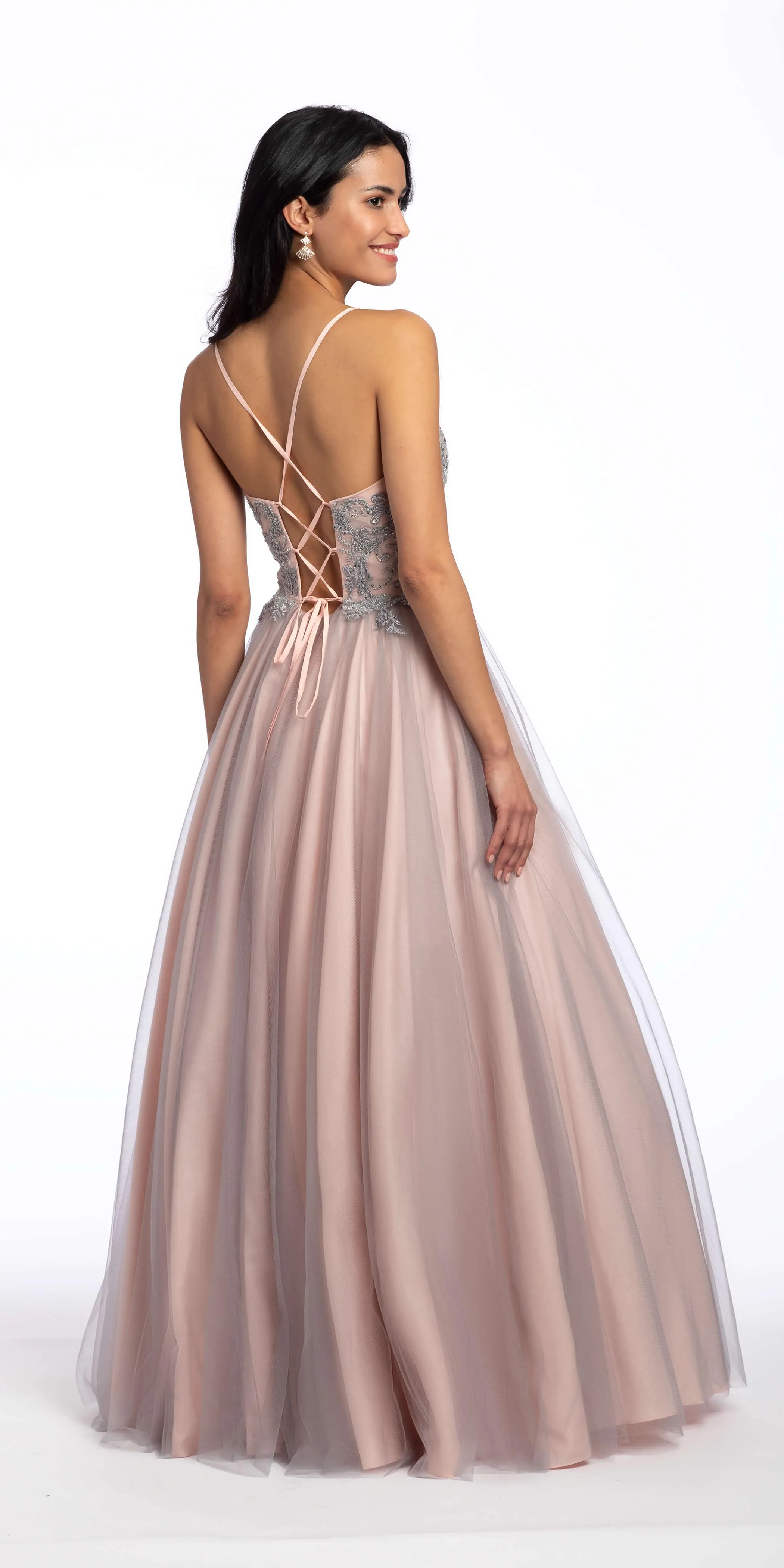 Two Tone Embellished Lace Up Back Mesh Ballgown