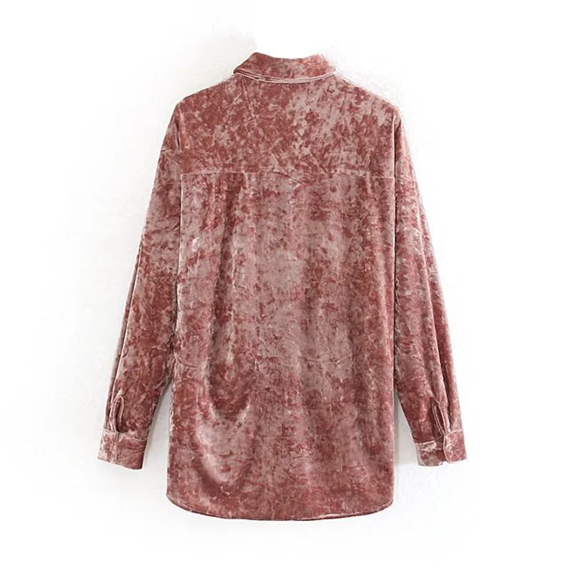 Velvet Fabric Pink Blouse Women Autumn