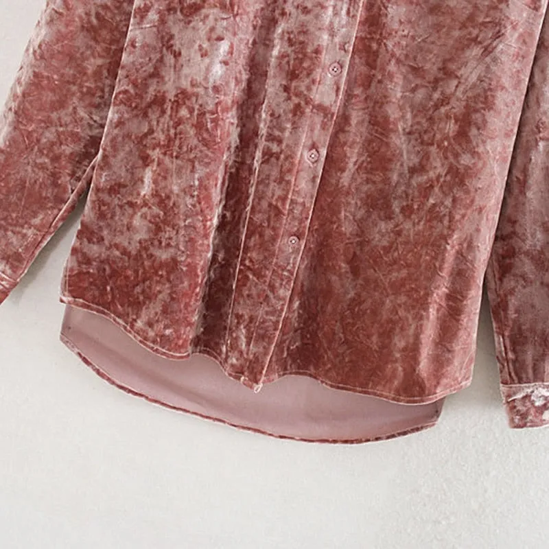 Velvet Fabric Pink Blouse Women Autumn