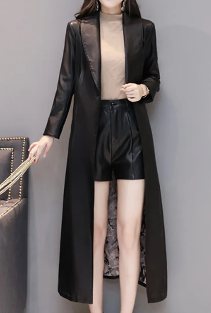 Waist Lapel Leather Trench Coat